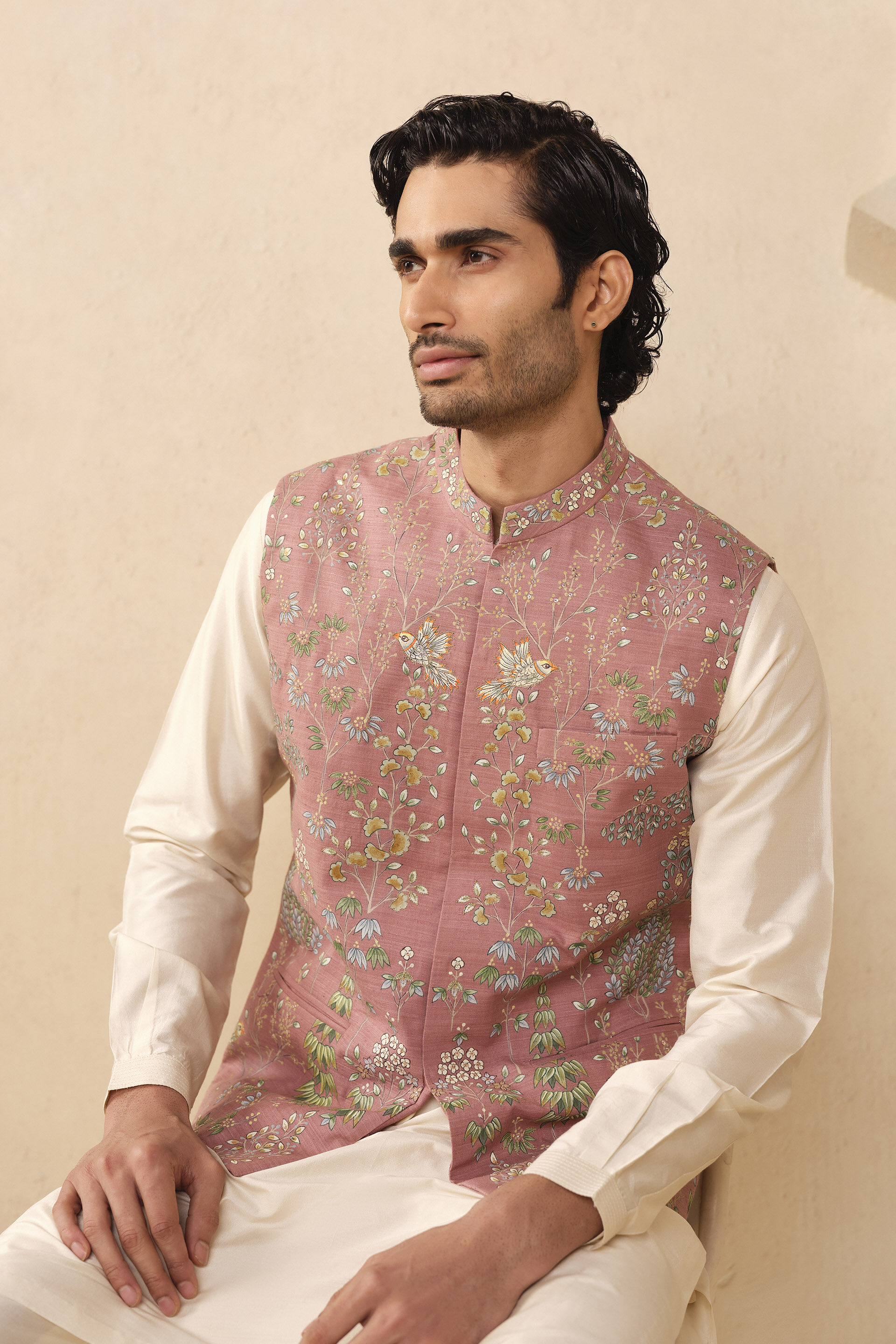 Aziz Hand-painted Pichhwai Silk Nehru Jacket -  Old Rose, Old Rose, image 4